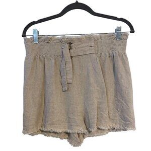 Umgee USA L Cream Shorts High-Waisted Linen-Blend Frayed Hem Paperbag Shorts